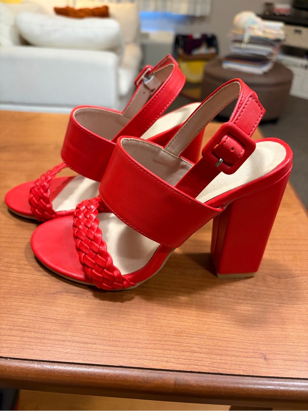 Red Braided Block Heel Sandals - Women